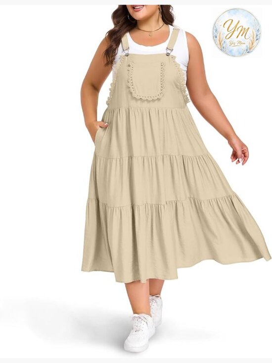 Dresses & Skirts - Plus Size Overall Dress with Pockets Adjustable Straps Maxi Jumper